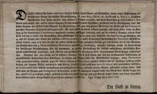 Da, wieder besseres Verhoffen, viele derer hiesigen Bürger ... wegen Aufbringung der ... Brandschatzung ... keine Folge geleistet, und ... mit ihren Beyträgen noch zurücke sind : Sign. Leipzig am 4. Sept. 1762.