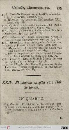 XXIV. Philosophia occulta cum Hist. Sectarum