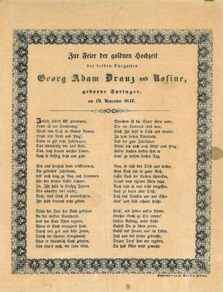 Gedicht zur Feier der goldenen Hochzeit von Georg Adam Drautz und Rosine, geb. Springer