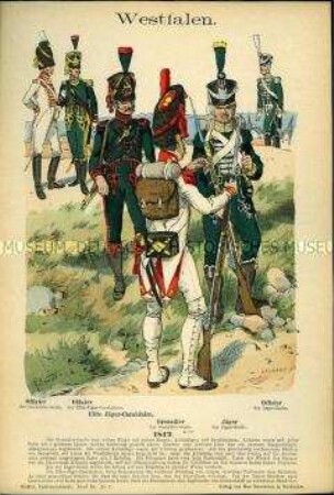 Uniformdarstellung, Grenadier- und Jäger-Offiziere, Elite Jäger-Karabinier, Grenadier und Jäger, Königreich Westphalen, 1812.