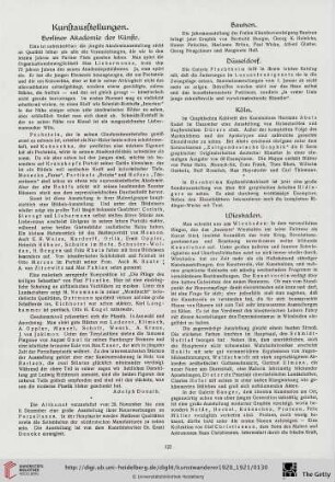Kunstausstellungen / Kunstauktionen / Vom holländischen Kunstmarkt / Schweizerische Kunstchronik / Ein Lehrstuhl für Nordische Kunstgeschichte in Berlin / Altes Porzellan / Deutsche Gewerbeschau München 1922 / Bibliographische und bibliophile Notizen / Neue Kunstbücher / Nachlese zu Winckelmann's Briefen an seinen Verleger / Kleine Kunstchronik