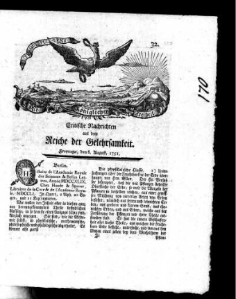 August, 1751. Zwey und dreyßigstes Stück