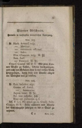 Vierter Abschnitt. Formeln in verstopfter monatlichen Reinigung.