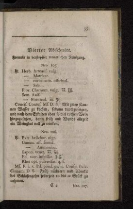 Vierter Abschnitt. Formeln in verstopfter monatlichen Reinigung.