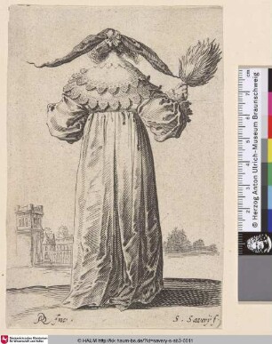 [Frau von hinten einen Federfecher in der rechten Hand haltend; Woman seen from back holding a feather fan in right hand]
