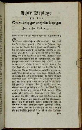 Achte Beylage zu den Neuen Leipziger gelehrten Anzeigen. Zum 15ten April 1795.