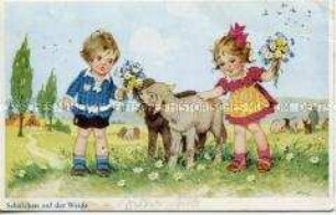 Kinder mit Schafen auf einer Blumenweide
