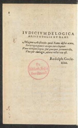 Iudicium De Logica Aristotelis Et Rami.