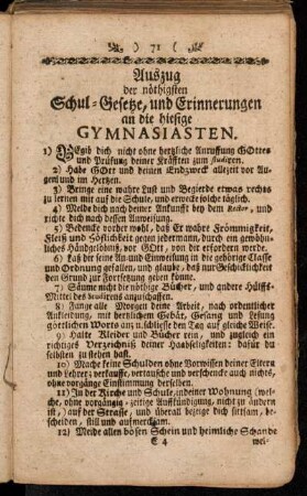 Auszug der nöthigsten Schul-Gesetze, und Erinnerungen an die hiesige Gymnasiasten.