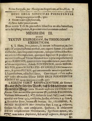 Membrum III. eruens Textus Exergesiam, seu Theologiam Exegeticam