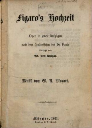 Figaro's Hochzeit : Oper in 2 Aufzügen