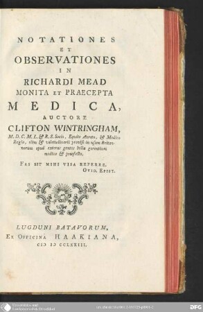 Notationes et observationes in Richardi Mead monita et praecepta medica