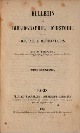 Bulletin de bibliographie d'histoire et de biographie mathématique. 2. 1856