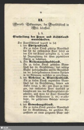 II. Specielle Bestimmungen, den Feuerlöschdienst im Orte betreffend