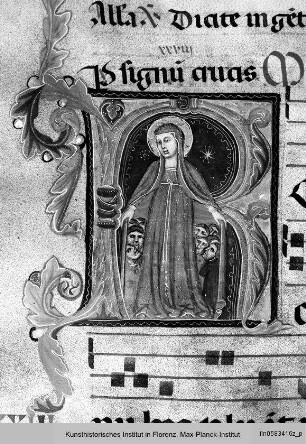 Initiale R mit einer Schutzmantelmadonna - Antiphonarium Commune Sanctorum, Proprium de Sanctis et Proprium de tempore