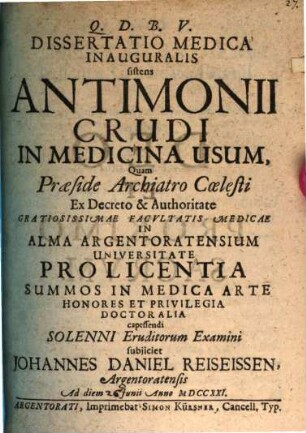 Diss. med. inaug. sistens antimonii crudi in medicina usum