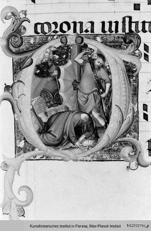 Antiphonar zu Dante Alighieri : Textseite mit historisierter Initiale G: Enthauptung des Paulus