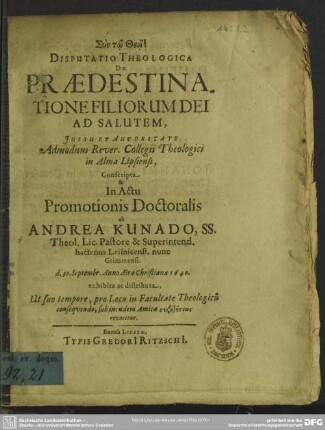 Disputatio Theologica De Praedestinatione Filiorum Dei Ad Salutem