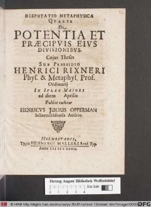 Disputatio Metaphysica Quarta De Potentia Et Praecipuis Eius Divisionibus