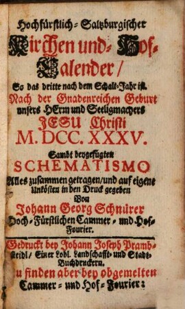 Hochfürstlich-Salzburgischer Kirchen- und Hof-Kalender. 1735