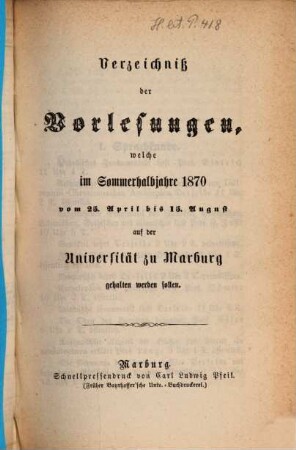 Verzeichnis der Vorlesungen. 1870, 1870. SH.