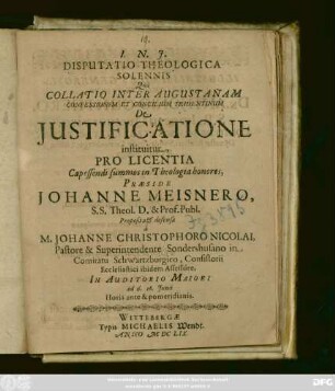 Disputatio Theologica Solennis Qua Collatio Inter Augustanam Confessionem Et Concilium Tridentinum De Iustificatione instituitur