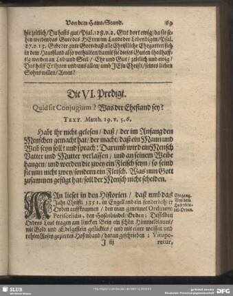 Die VI. Predigt. Quid sit Coniugium? Was der Ehestand sey?