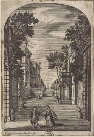 Bühnenbild für die Oper „Il Ciro“ von Alessandro Scarlatti im Teatro Ottoboni des Palazzo della Cancelleria in Rom im Jahr 1712 (Akt 1, Szene 6: Am königlichen Jagdschloss)