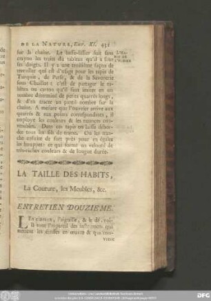 La Taille Des Habits, La Coutoure, les Meubles, [et]c. Entretien Douziéme.