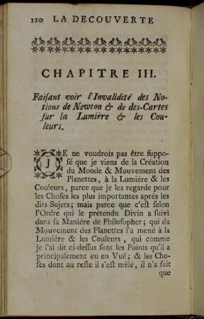 Chapitre III. Faisant voir l'Invalidité des Notions de Newton & de des-Cartes, sur la Lumière ...