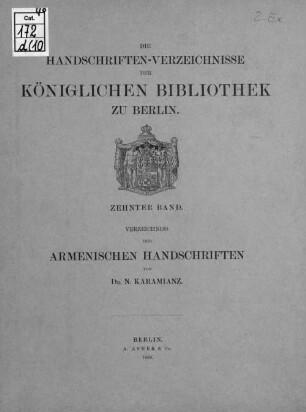 Verzeichniss der armenischen Handschriften der Königlichen Bibliothek zu Berlin