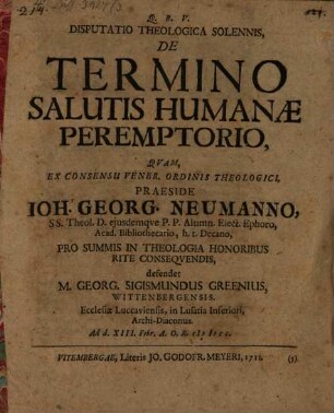 Disp. theol. sol. de termino salutis humanae peremptorio