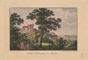 Das Schloss Siebeneichen, am südlichen Elbhang in Meißen im Stadtteil Siebeneichen, im Hintergrund der Burgberg mit dem Schloss von Meißen