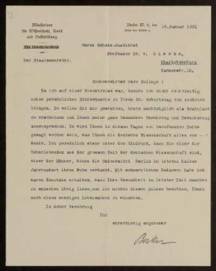 67: Brief von Carl Heinrich Becker (Ministerium für Wissenschaft, Kunst und Volksbildung) an Otto von Gierke, Berlin, 13.1.1921