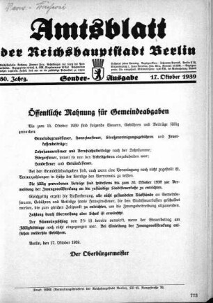 Sonder-Ausgabe, 17. Oktober 1939