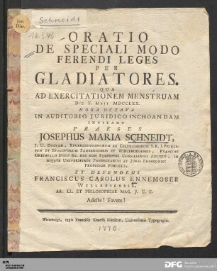 Oratio De Speciali Modo Ferendi Leges Per Gladiatores