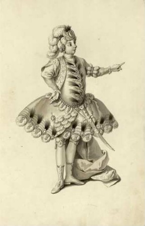 Venturio Rocchetti, Sopran-Kastrat, in der Rolle des Amilcare (aus dem Vestiarium der Oper "Attilio Regolo", aufgeführt am 12. Januar 1750 in Dresden)