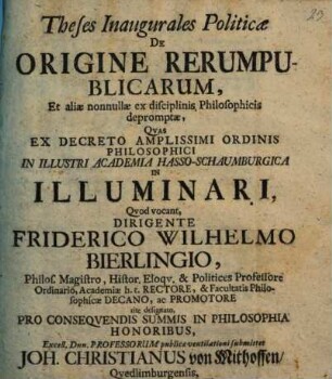 Theses inaug. pol. de origine rerumpublicarum, et aliae nonnullae ex disciplinis philosophicis depromptae