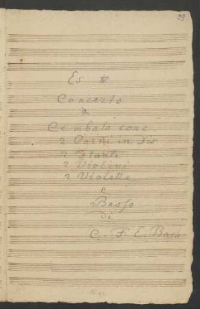 Konzerte; cemb, cor (2), fl (2), strings; Es-Dur; H 469; Wq 41