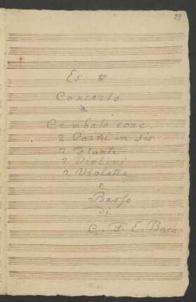 Konzerte; cemb, cor (2), fl (2), strings; Es-Dur; H 469; Wq 41