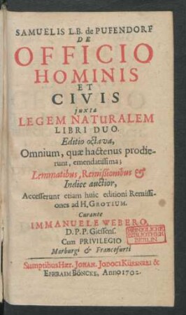 Samuelis L. B. de Pufendorf De Officio Hominis Et Civis iuxta Legem Naturalem Libri Duo