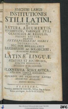 Joachimi Langii Institutiones Stili Latini ...