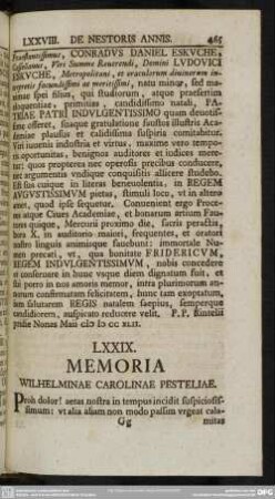 LXXIX. Memoria Wilhelminae Carolinae Pesteliae