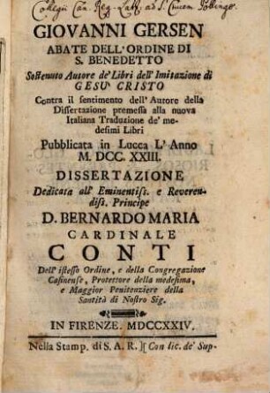 Giovanni Gersen sostenuto ... contra la Dissertazione publicata in Lucca 1723