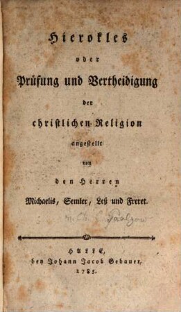 Hierokles oder Prüfung und Vertheidigung der christlichen Religion