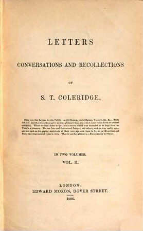 Letters, conversations and recollections of S. T. Coleridge : in two volumes. Vol. II