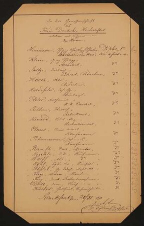 Liste "In die Genossenschaft des Freien Deutschen Hochstiftes wurden neu aufgenommen die Herren:..." (20.11.1873)