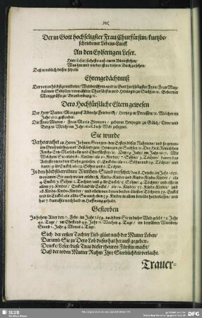 Der in Gott hochseliger Frau Churfürstin, kurtzbeschriebener Lebens-Lauff
