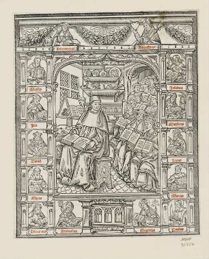 Sitzender und schreibender Geistlicher, dahintersitzend ein Papst, ein Kardinal und ein Bischof