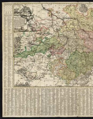 Postkarte von Sachsen, 1:330 000, Kupferstich, 1753 : Neue Chur Saechsische Post Charte : darinnen des Chur Fürstenthum Sachsen und seiner incorporirten Lande wie auch andere angraentzende vornehmste Vestungen, Staedte, Flecken und notabelsten Schlösser, Güther und Dörffer mit unterschiedenen, unten im Clave explicirten anmerckungen der Diöcesen, Aembter, Postwege, Strassen ; auff allergnädigsten Befehl und mit Ihrer König. Maj. ernstlichem Verbothe solche nicht nachzustechen / in diese Geographische Ordnung gebracht u. supplirt von A. D. Fr. Zürner. Moritz Bodenehr sculps.. - Aufs neue revidirt. - [Ca. 1:330 000]. - [S.l.] , 1753. - 1 Kt. auf 2 Bl. : Kupferst. ; Gesamtgr. 132 x 99 cm, je Teil 66 x 99 cm. Mit Wappen und allegorischen Abb. - Titelkartusche oben links, 2 Erläuterungskartuschen rechts - Maßstab in graphischer Form (Teutsche Meilen). - Mit Ortsreg. auf dem Kartenrand u. Suchnetz